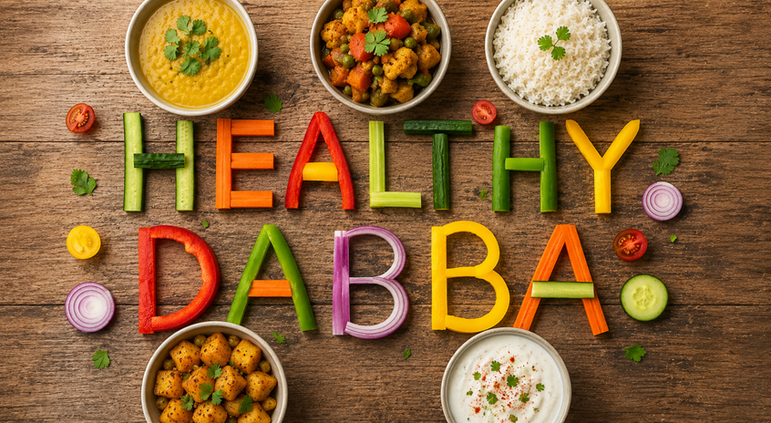 HEALTHY DABBA spelled out in colourful vegetable cuttings on a wooden table